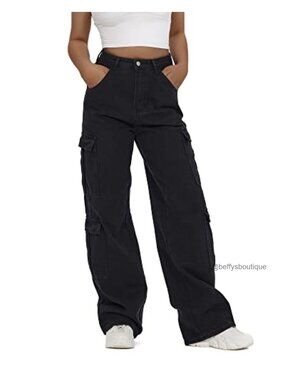 High Waist Baggy Cargo Jeans Flap Pocket Wide Leg Denim Pants
